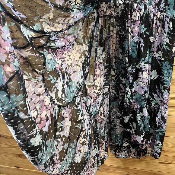Torrid 1 Ruffle Kimono Shirt Floral Swiss Dot Black Purple SS Sheer boho B84 - Picture 8 of 16